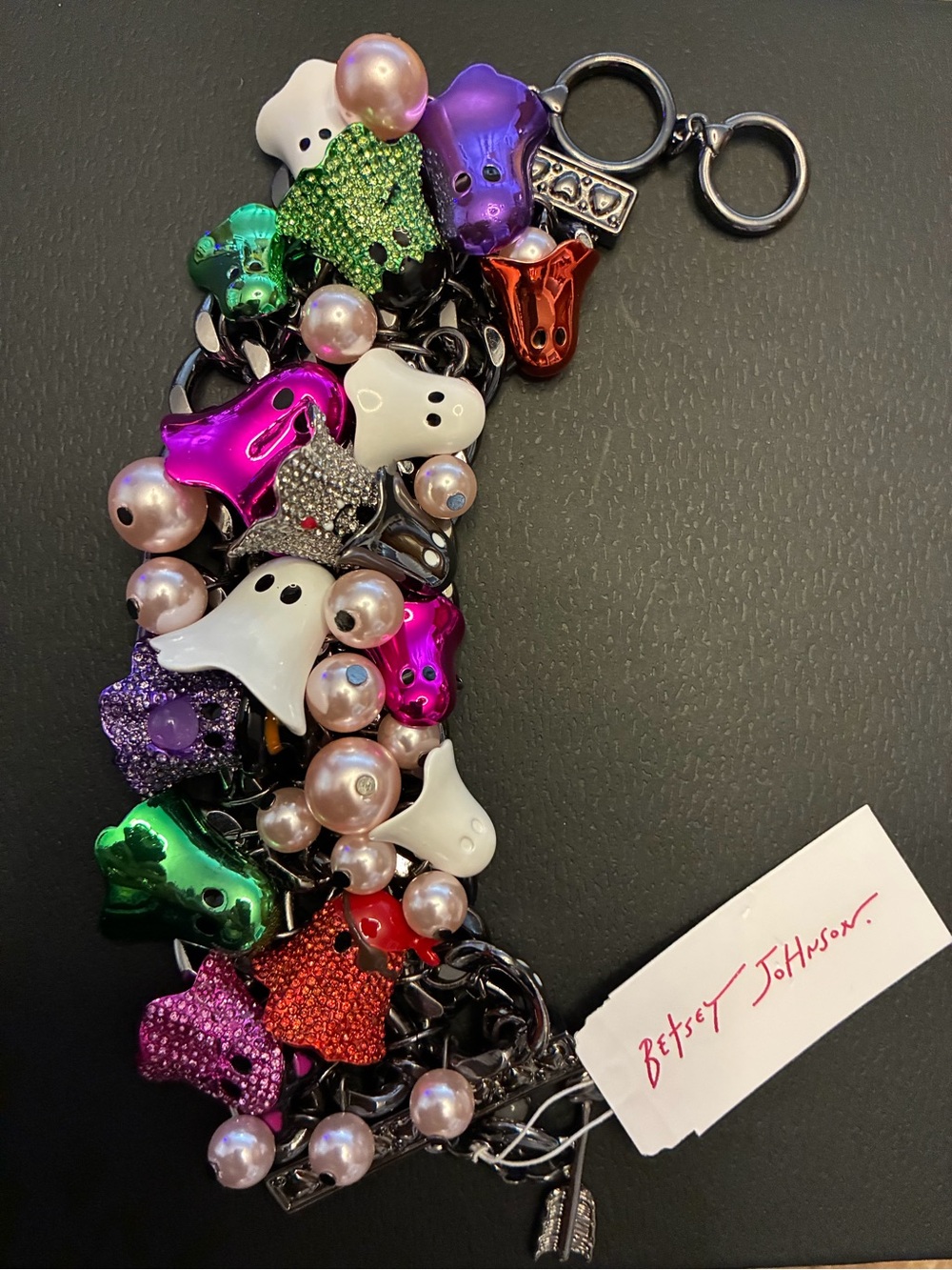 Betsey Johnson Multicolor Ghost & Charm Cluster Bracelet with Pink Pearls